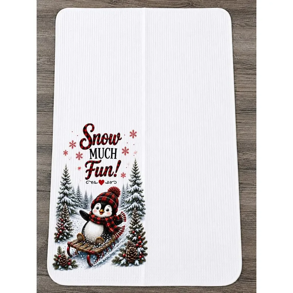 Snow Much Fun Penguin Kitchen Towel Red Buffalo Plaid Winter Decor